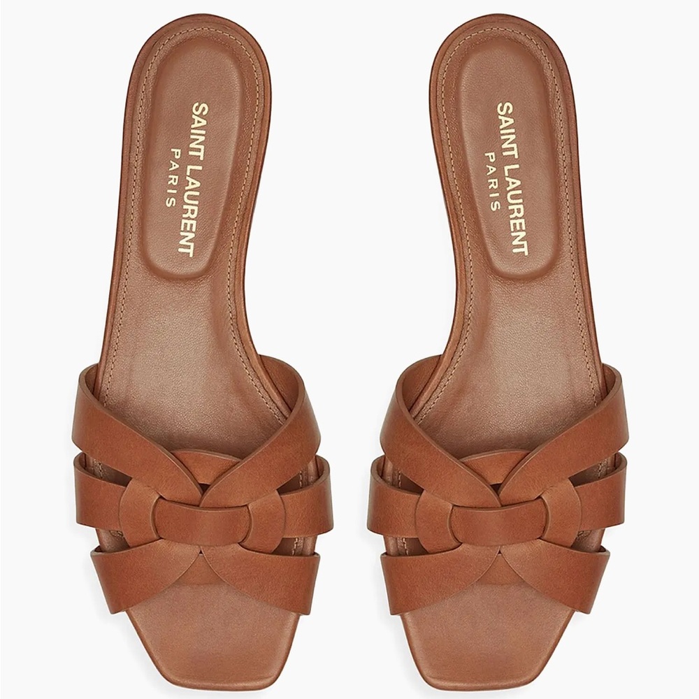 Saint Laurent Brown Leather Braided Slide Sandals